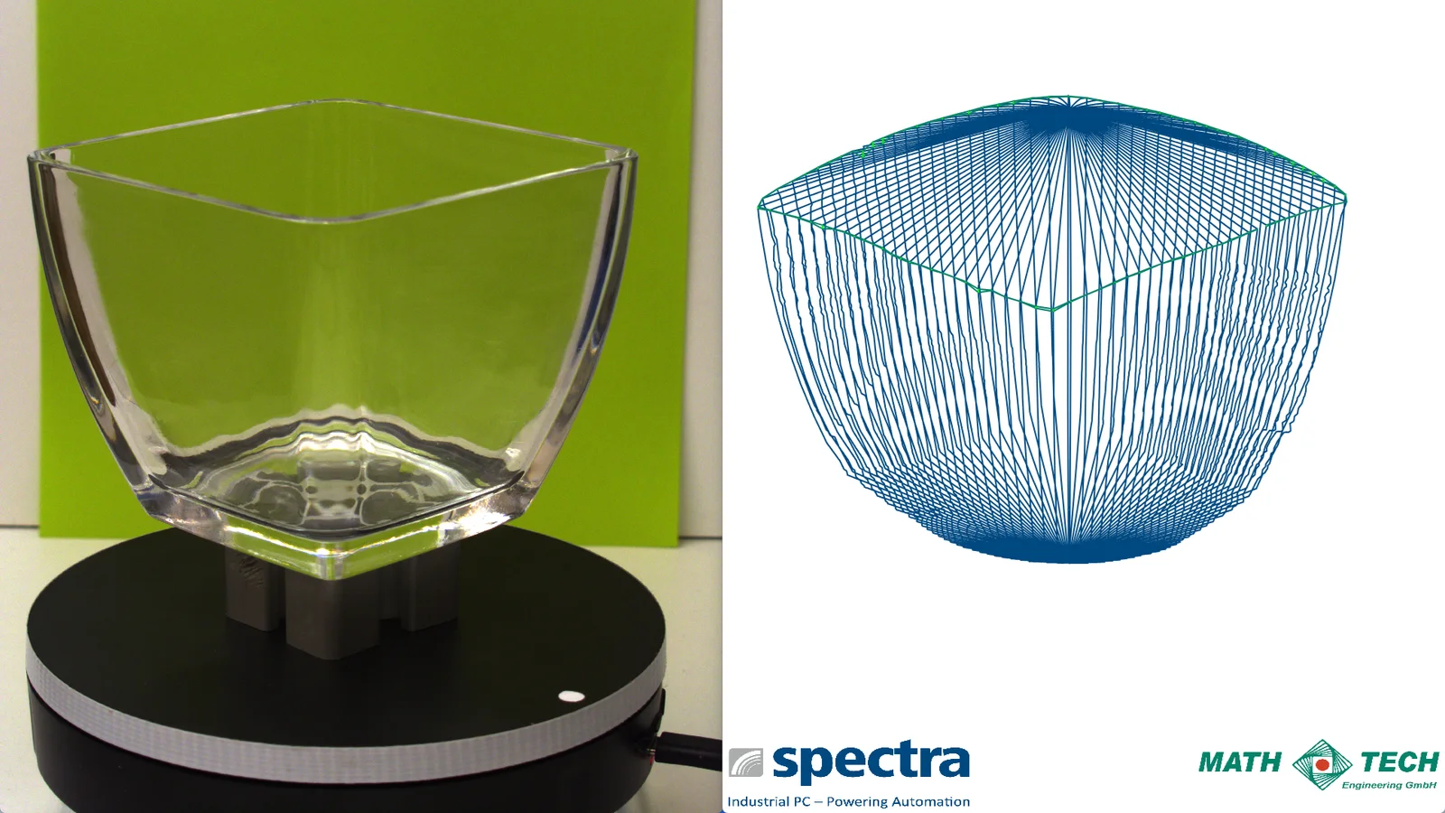 Links eine gläserne Schale auf dem Rotationstisch, rechts das daraus berechnete 3D-Drahtgittermodell